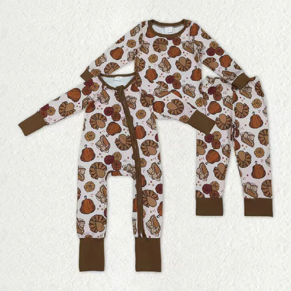 Sibling Baby Girls BoysTurkey Pumpkins Top Pants Thanksgiving Pajamas Sets Zipper Footie Rompers  D 1023