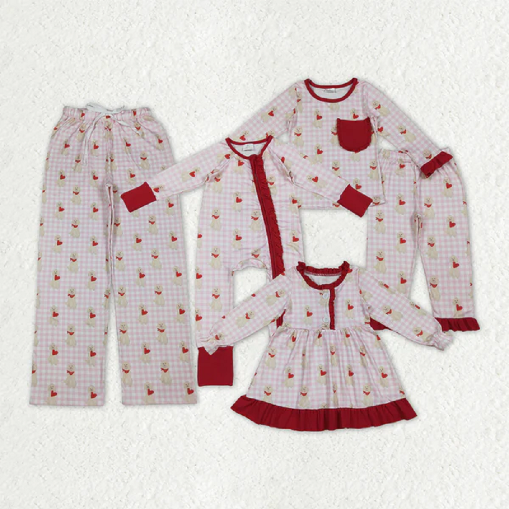 Mama And Me Girls Hearts Dogs Valentine Pajamas Set Ruffle Dress Zipper Romper Mamas Pants Bottom  D 1023