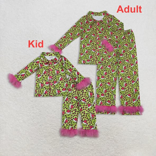 Mommy And Me Christmas Grin Leopard Button Top Pants Fur Sleeve Pajamas Set D 1024
