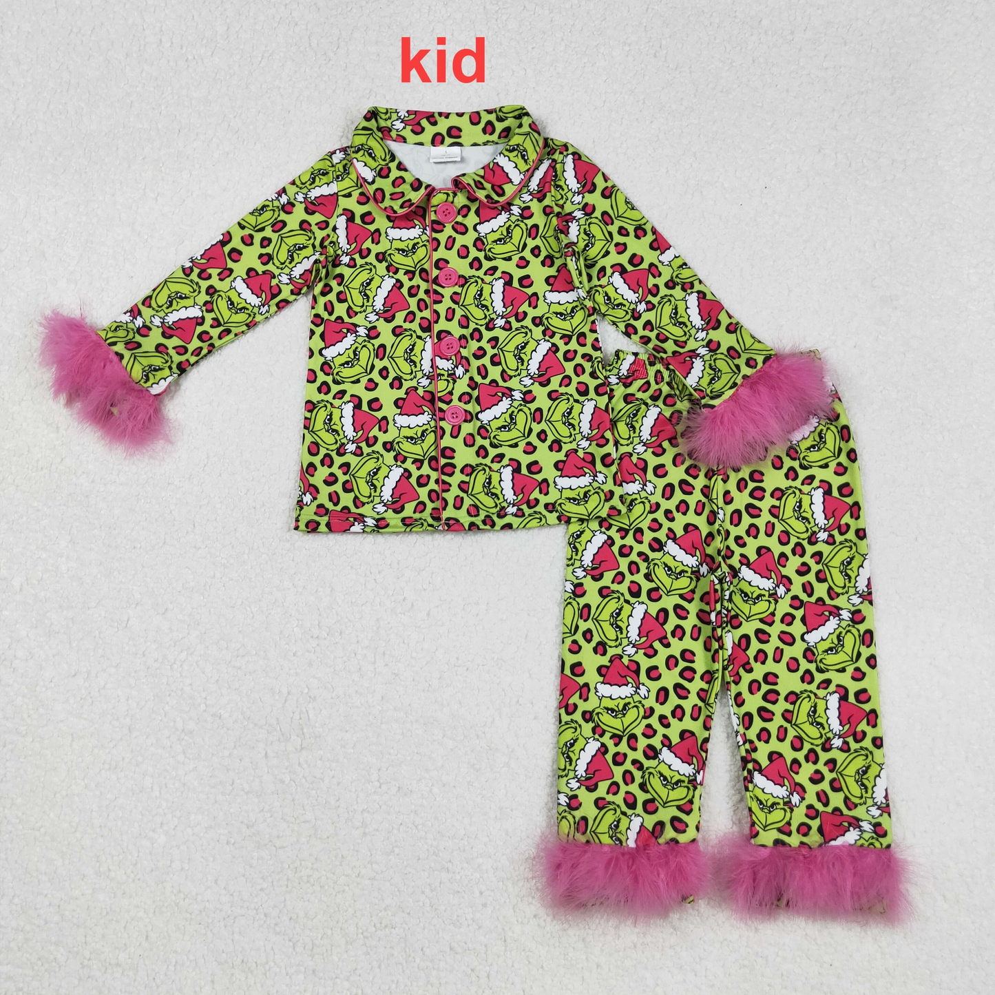 Mommy And Me Christmas Grin Leopard Button Top Pants Fur Sleeve Pajamas Set D 1024