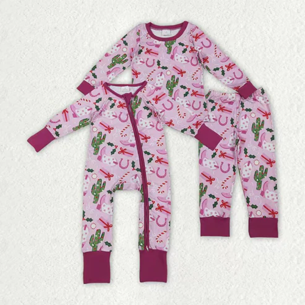 Sibling Baby Girls Boots Cactus Western Christmas Pants Pajamas Sets Zipper Rompers  D 1110
