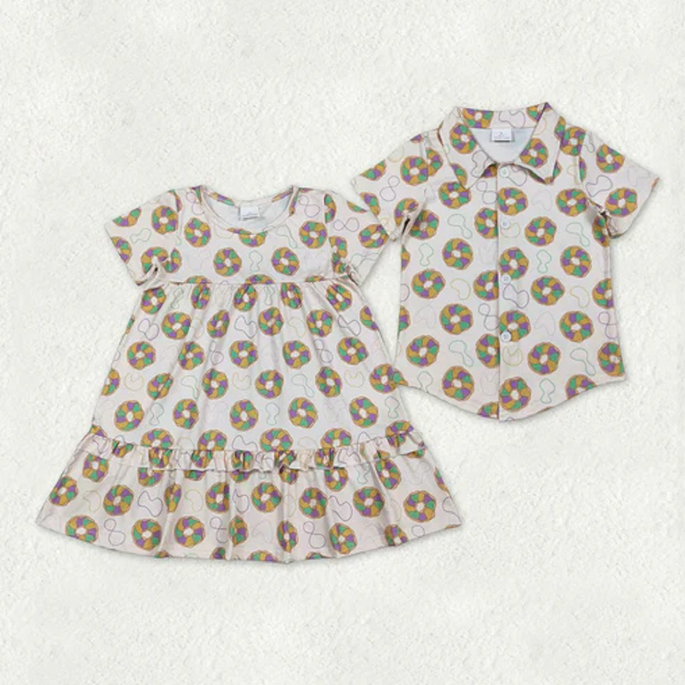 Sibling Baby Boys Girls Short Sleeve Mardigras Donuts Necklaces Knee Length Dress Button Shirts Top  D 1110