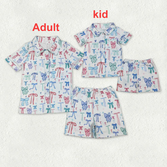 Mama and Me Colorful Bows Pocket Button Top Shorts Pajamas Sets  D 1110