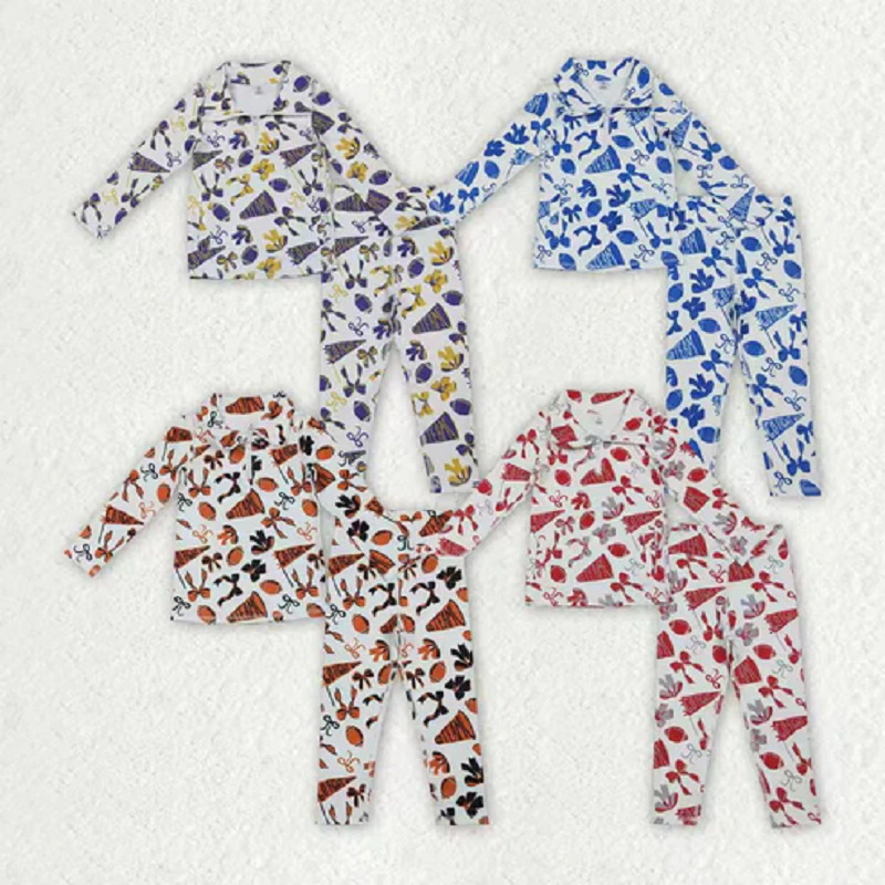 Sibling Baby Girls Bows Footballs Go Team Zipper Pullover Leggings Yoga Active Clothes Sets  D 1122