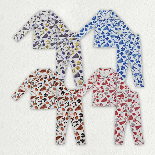 Sibling Baby Girls Bows Footballs Go Team Zipper Pullover Leggings Yoga Active Clothes Sets  D 1122