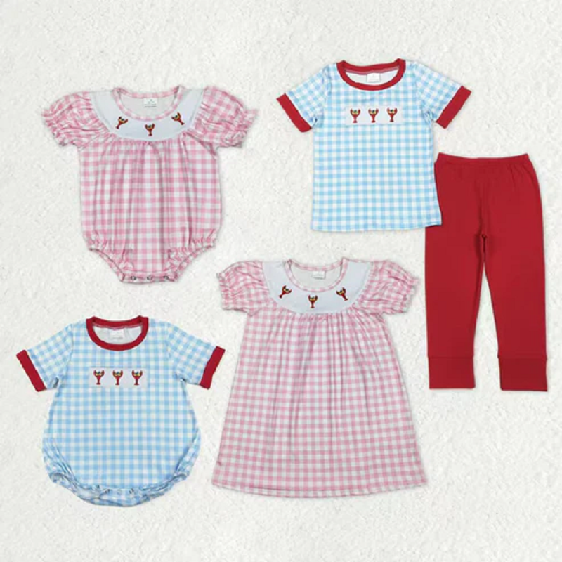 Sibling Baby Boys Girls Embroidery Anchor Crayfishes Mardigras Checked Clothes Set Dress Romper D 1122
