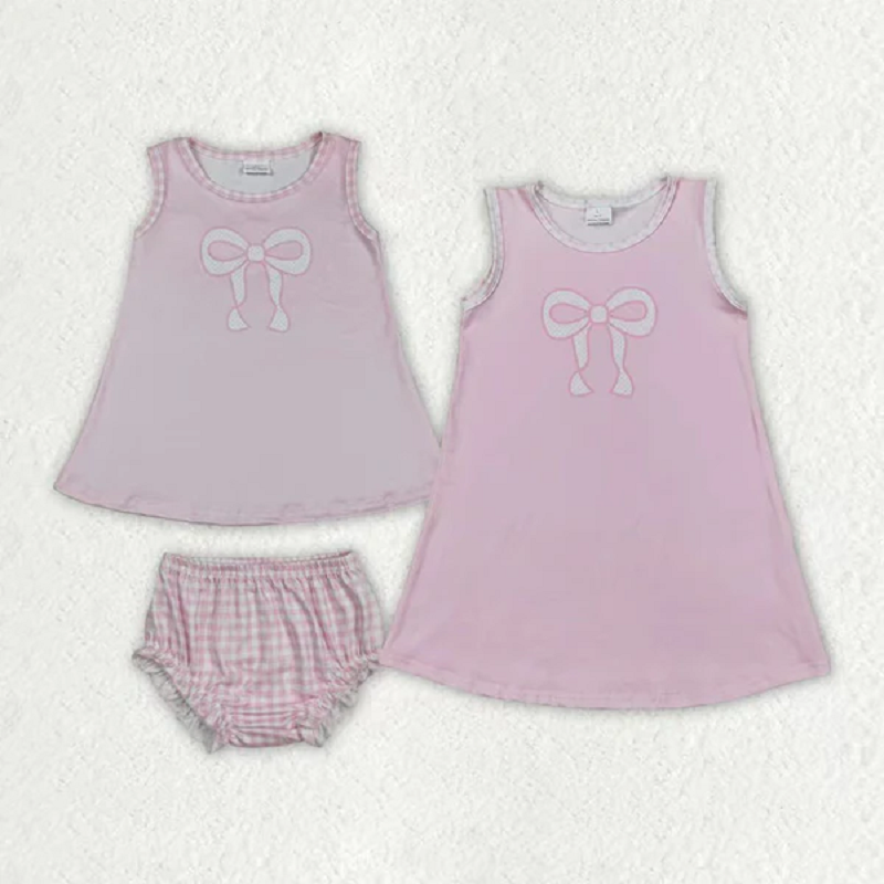 Baby Girls Pink Bows Print Sleeveless Knee Length Dresses Bummies Set  D 1205
