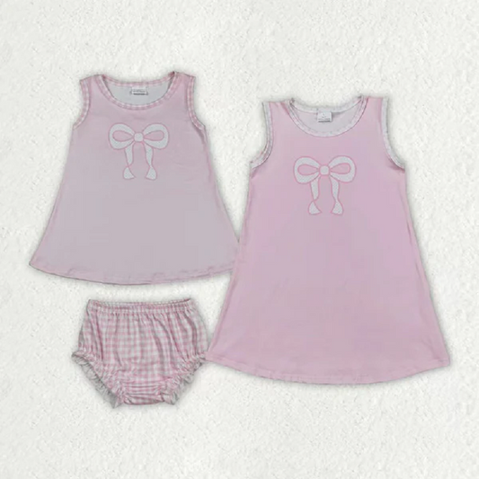 Baby Girls Pink Bows Print Sleeveless Knee Length Dresses Bummies Set  D 1205
