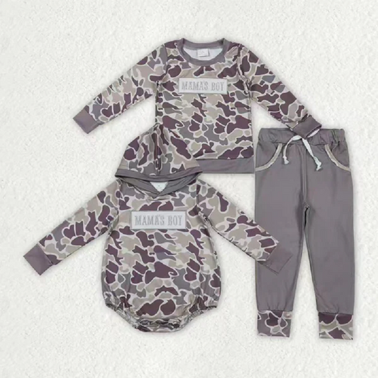 Match Baby Boys Embroidery Mama's Boy Grey Camo Pockets Pants Clothes Sets Hoodie Romper  D 1210