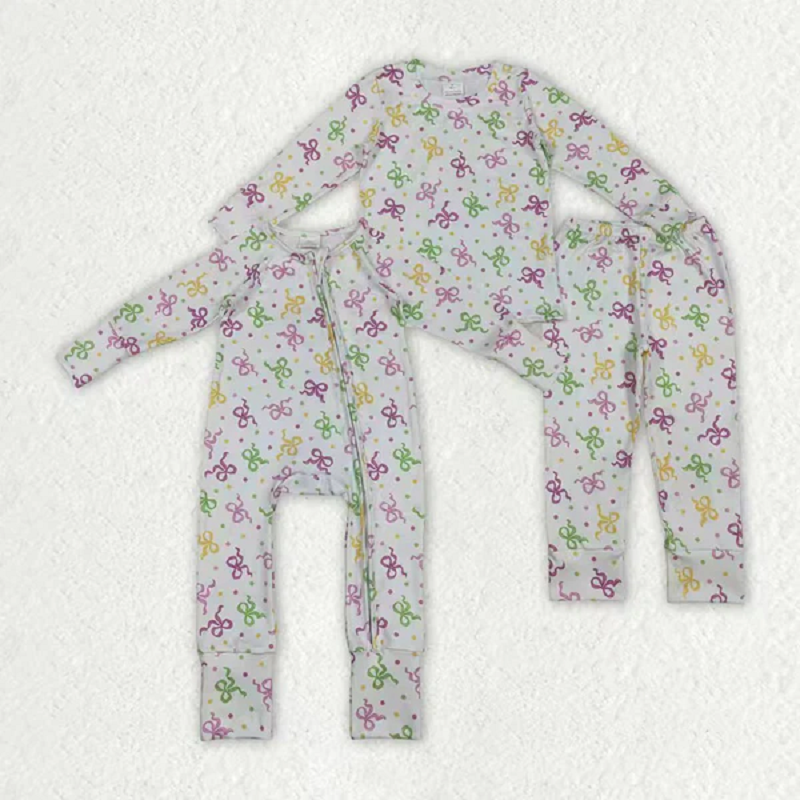 Sibling Baby Girls Mardigras Bows Polka Dots Pants Pajamas Set Zipper Convertible Rompers  D 1211