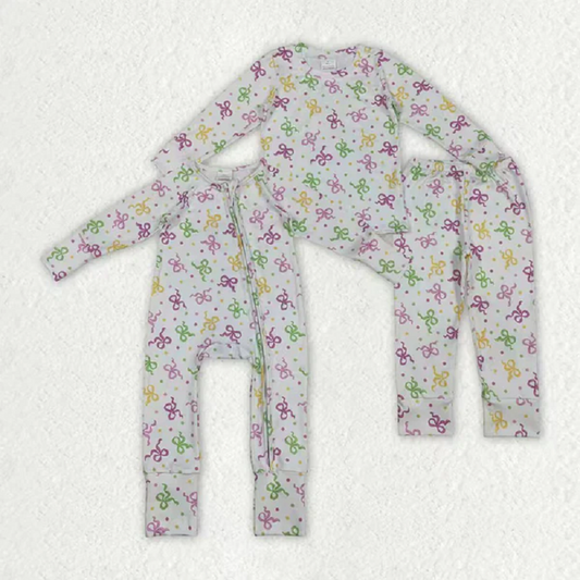 Sibling Baby Girls Mardigras Bows Polka Dots Pants Pajamas Set Zipper Convertible Rompers  D 1211