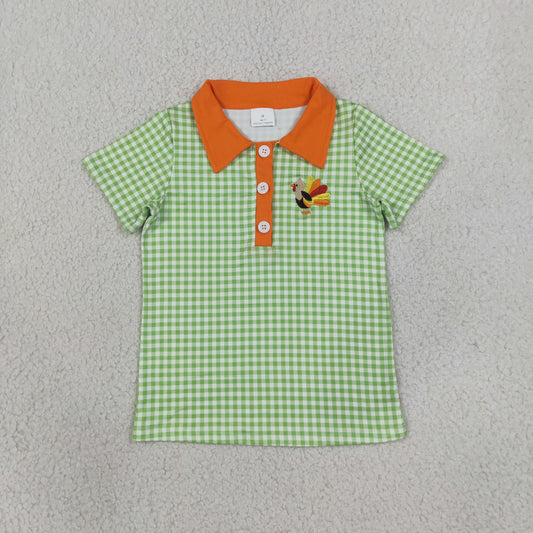 green gingham turkey embroidery boys polo