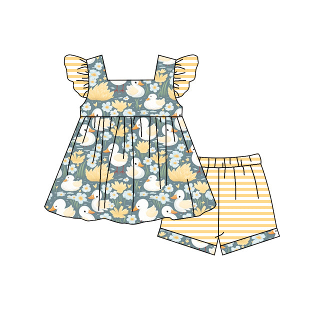 preorder GSSO0960 Flower duck yellow and white striped flying sleeve shorts suit