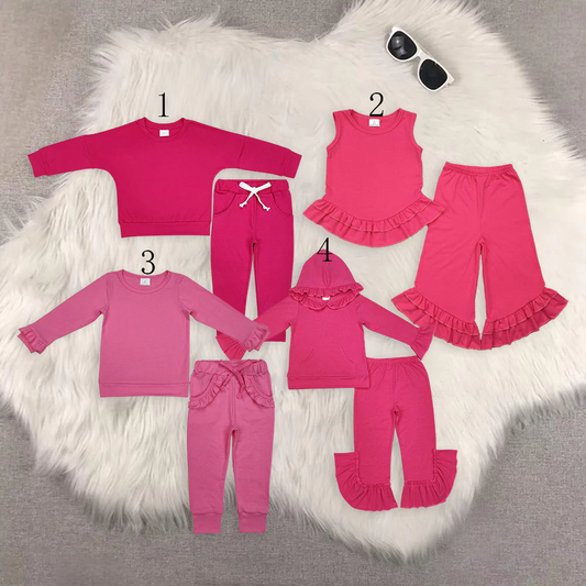 Match Baby Girls Hot Pink Pocket Hooded Top Ruffle Pants Clothes Sets D 6.16