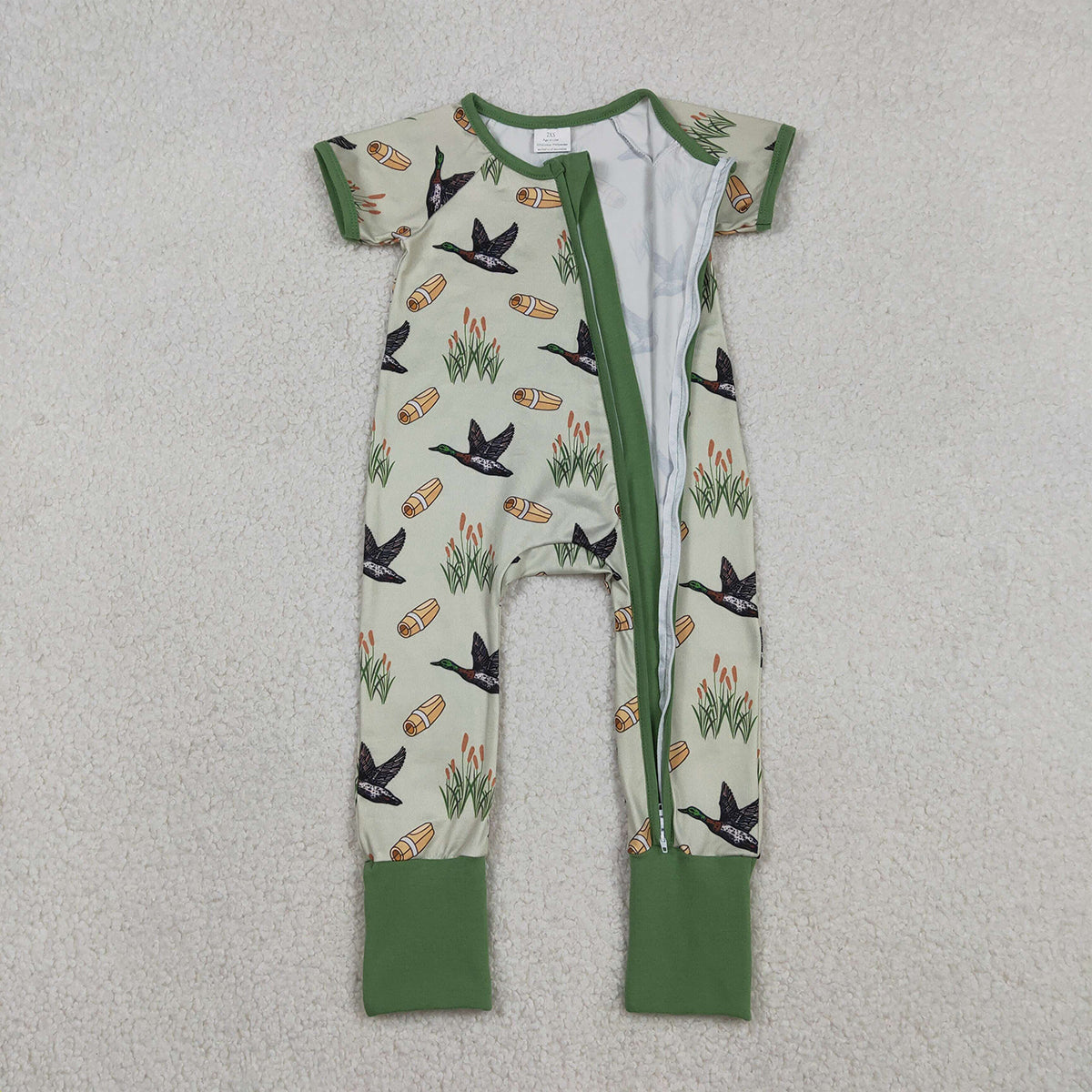 Baby Boys Green Ducks Calls Hunting Rompers with Two-Way Zip Convertible Design for Comfort And Style