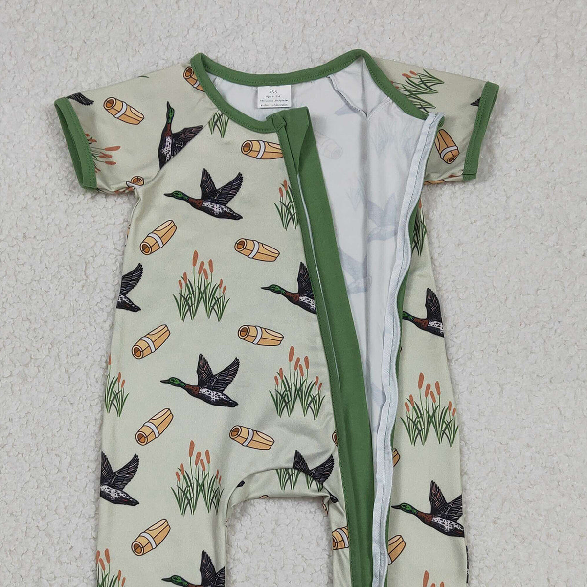 Baby Boys Green Ducks Calls Hunting Rompers with Two-Way Zip Convertible Design for Comfort And Style