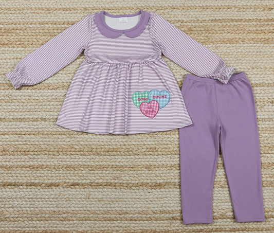 purple xoxo hug be mine heart legging set valentine's day girls clothing