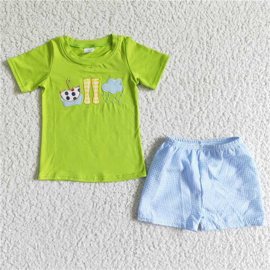 BSSO0082 Boys Embroidered Umbrella Rain Boots Green Short Sleeve Shorts Set