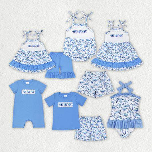 Match Baby Girls Boys Sibling Turtles Top Blue Summer Clothes Sets