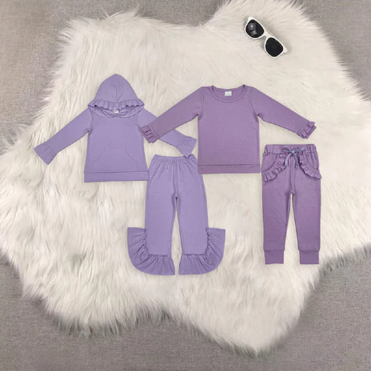 Match Baby Girls Lavender Pocket Hooded Top Ruffle Pants Clothes Sets D 6.16