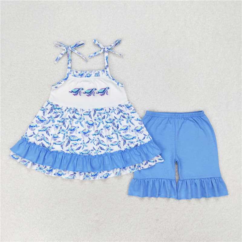 Match Baby Girls Boys Sibling Turtles Top Blue Summer Clothes Sets