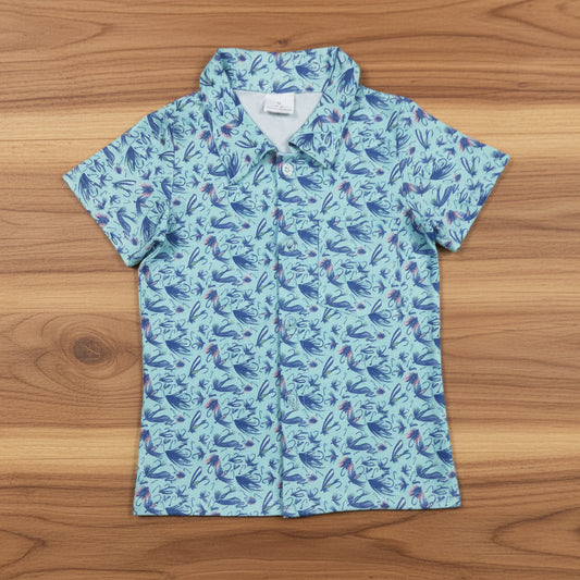 fish hook print boy button down t-shirt