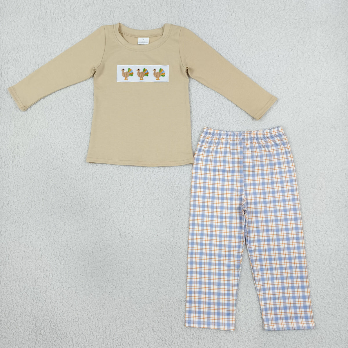 turkey embroidery boys outfit plaid pants set