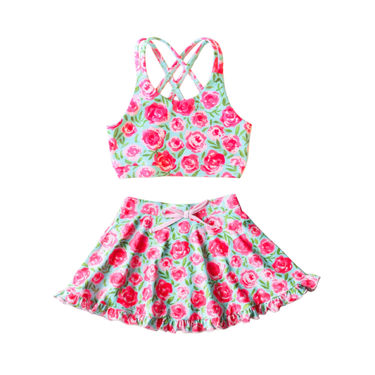 preorder S0374 Pink floral teal swimsuit set