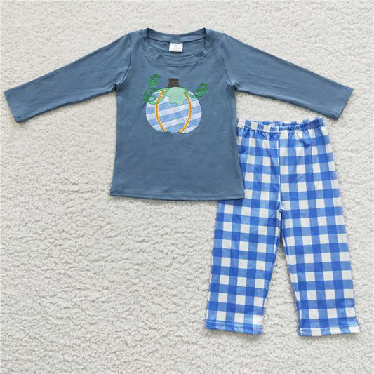BLP0174 Embroidered pumpkin blue plaid long-sleeved trousers suit