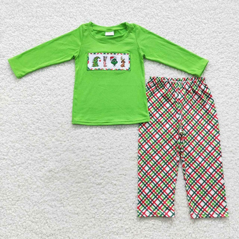 BLP0176 Baby Boys Embroidered Christmas Cartoon Dog Green Long Sleeve Check Pants Set