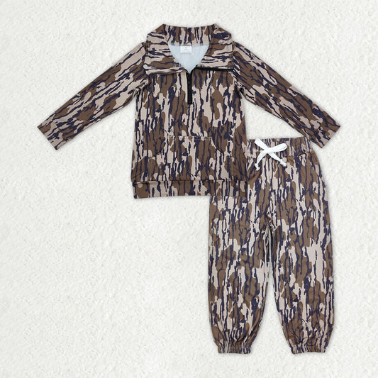 BLP1317 Baby Boys Olive Camo Long Sleeves Pocket Zipper Pullover Top Jogger Pants Clothes Set  D 1016