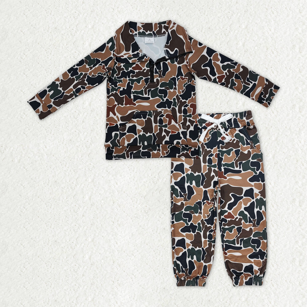 BLP1318 Baby Boys Dark Brown Camo Long Sleeves Pocket Zipper Pullover Top Jogger Pants Clothes Set  D 1016