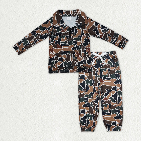 BLP1318 Baby Boys Dark Brown Camo Long Sleeves Pocket Zipper Pullover Top Jogger Pants Clothes Set D 1016