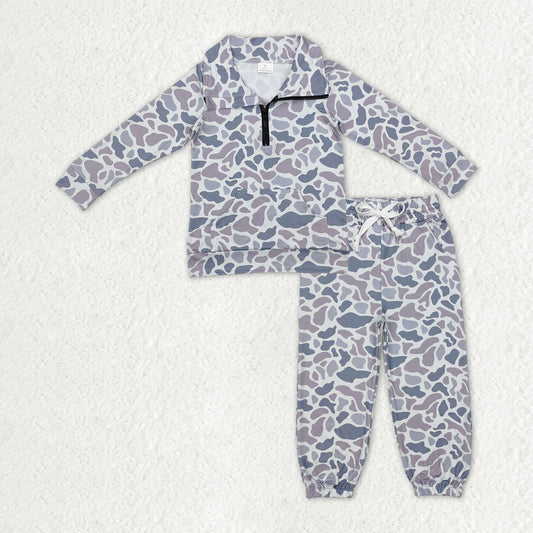 BLP1319 Baby Boys Light Grey Camo Long Sleeves Pocket Zipper Pullover Top Jogger Pants Clothes Set D 1016