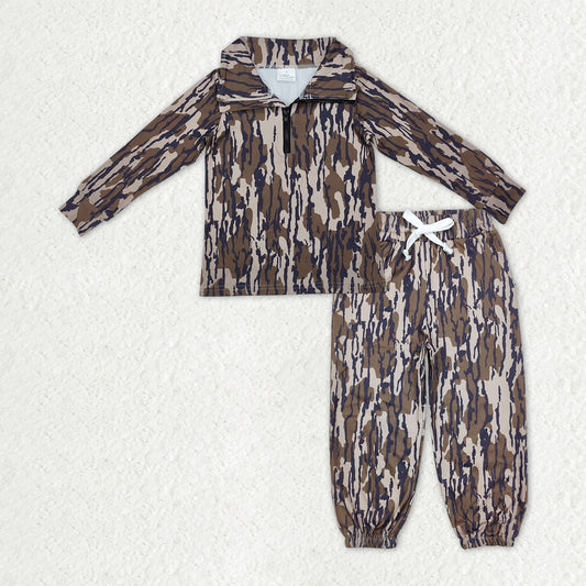 BLP1321 Baby Boys Olive Camo Long Sleeves Zipper Pullover Pocket Jogger Pants Clothes Set D 1016