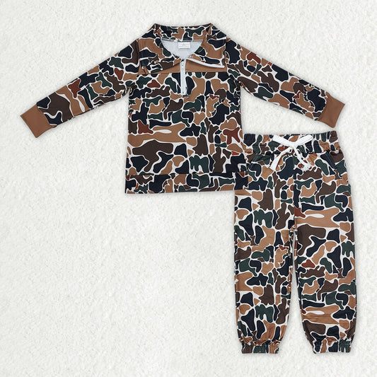 BLP1323 Baby Boys Dark Brown Camo Zipper Pullover Top Pocket Jogger Clothes Set D 1016