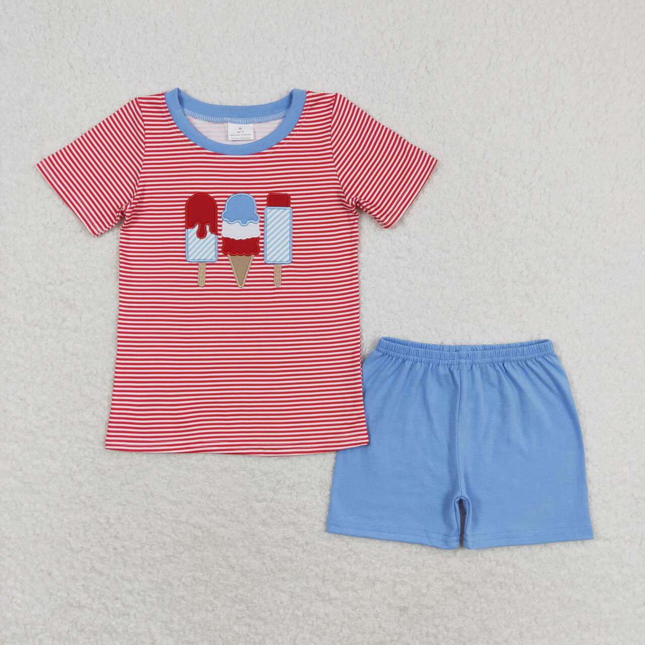 BSSO0576 Embroidery Ice Cream Red Striped Short Sleeve Blue Shorts Suit