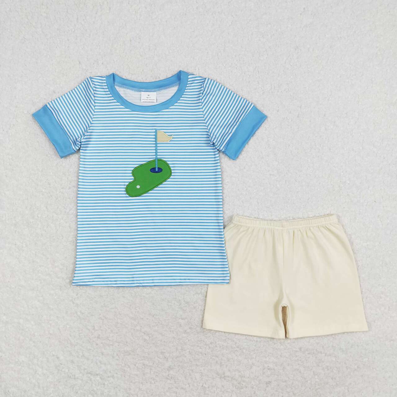 BSSO0592 Embroidered Golf Stripe Blue Short Sleeve Beige Shorts Set