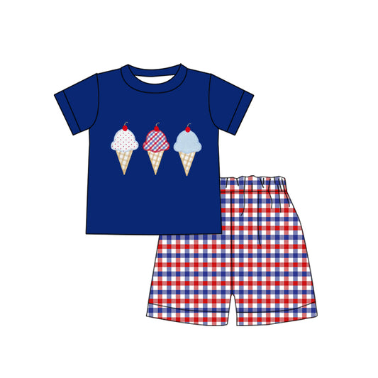 pre-order  BSSO0812 National Day Ice Cream Navy Blue Short Sleeve Plaid Shorts Suit