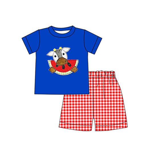 pre-order BSSO0814 Cow Watermelon Blue Short Sleeve Red Plaid Shorts Suit