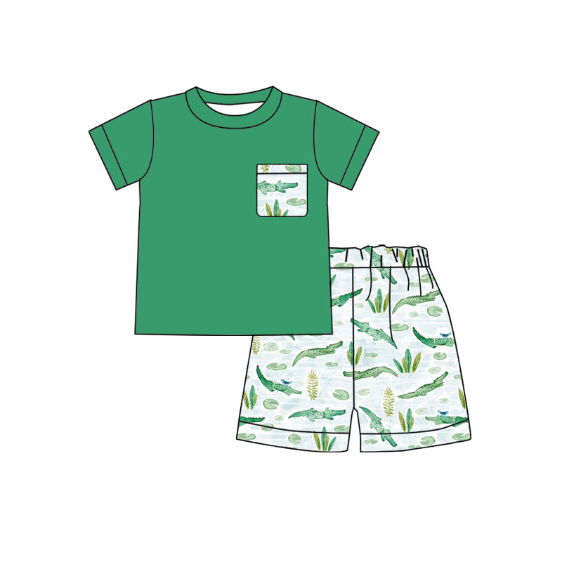 presale SSO0855 Crocodile Ruffle Pocket Green Short Sleeve Shorts Set