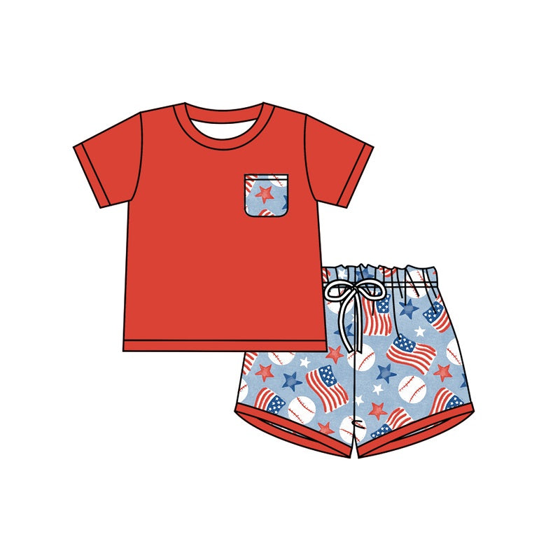 presale  BSSO0876 Flag Stars Baseball Pocket Red Short Sleeve Shorts Set