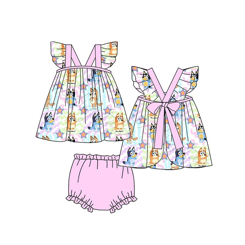 GBO0333 Cartoon Star wavy line flying sleeve pink and purple briefs set
