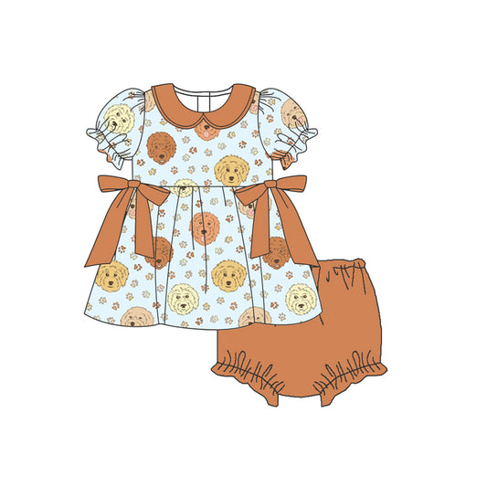 preorder GBO0335 Puppy Paw Print Brown Doll Collar Bow Short Sleeve Briefs Set