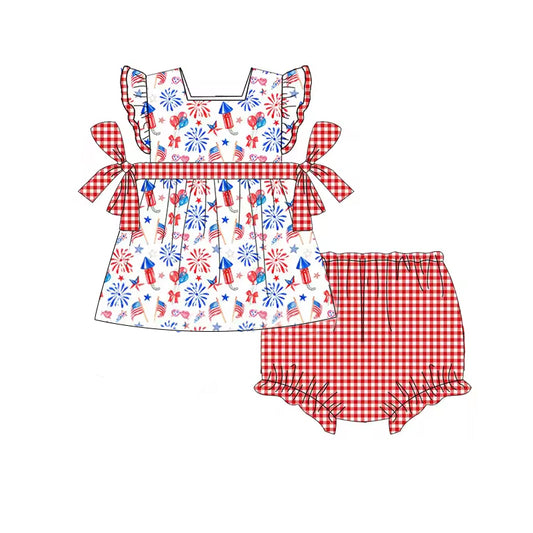 preorder GBO0339 Balloon Fireworks Flag Red and White Plaid Bow Flying Sleeve Briefs Set