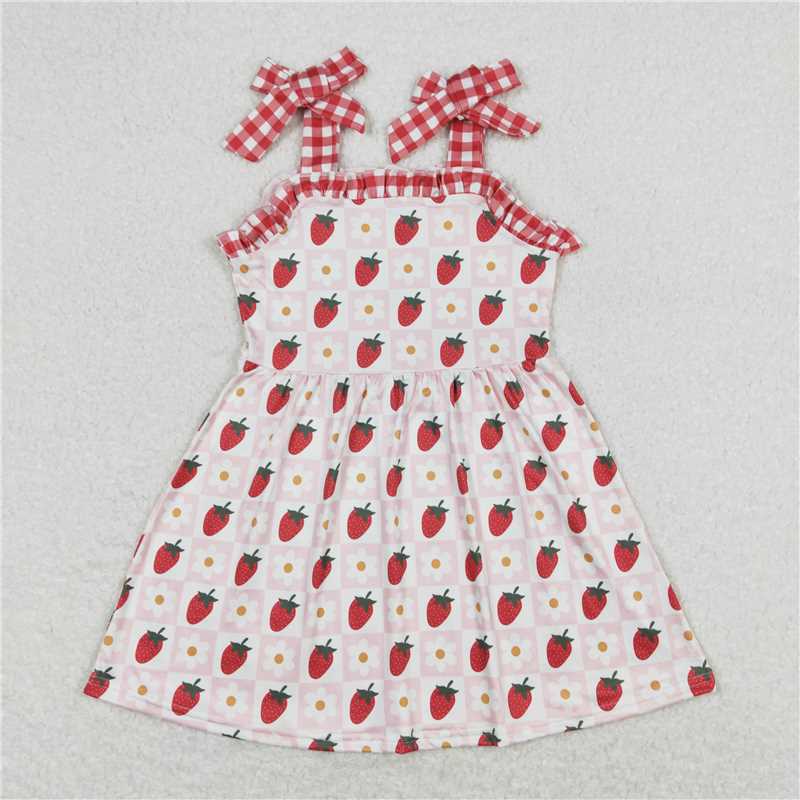 GSD0806 Flower strawberry red plaid lace beige suspender dress
