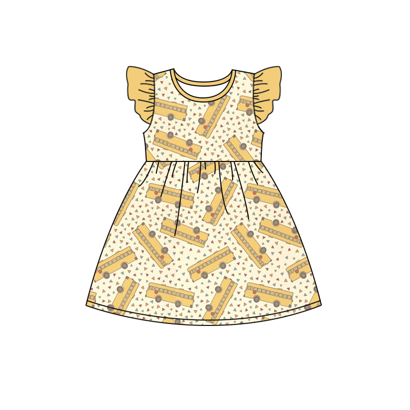 preorder GSD1039 Baby Girls Back To School Bus Flutter Sleeve Dress