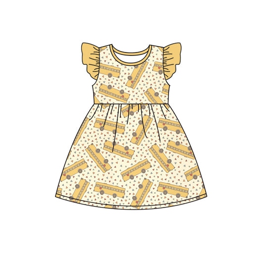 preorder GSD1039 Baby Girls Back To School Bus Flutter Sleeve Dress