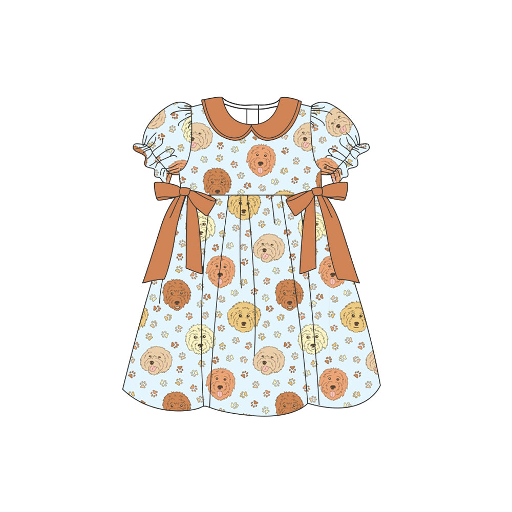 preorder GSD1081 Puppy Paw Print Brown Doll Collar Bow Blue Short Sleeve Dress