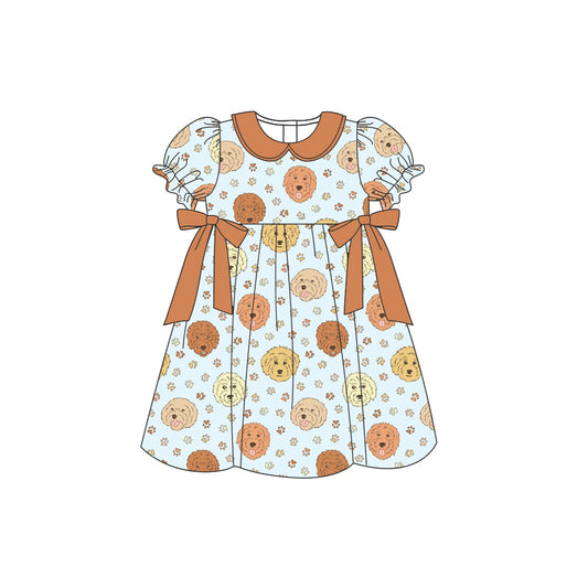 preorder GSD1081 Puppy Paw Print Brown Doll Collar Bow Blue Short Sleeve Dress